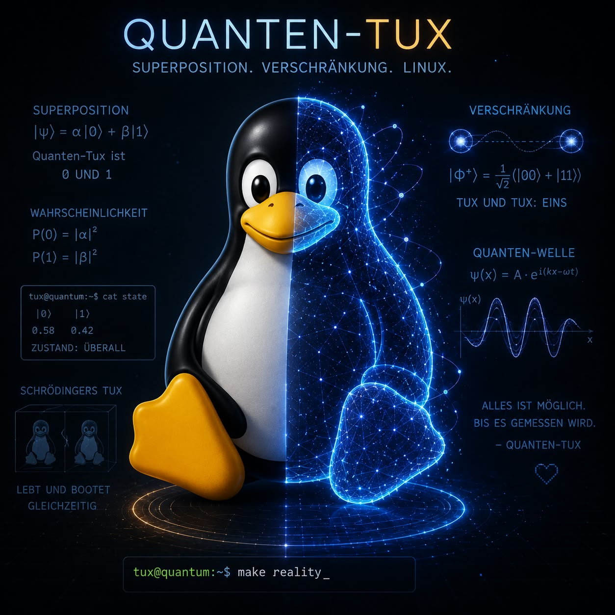Quanten-Tux: halb klassischer Linux-Pinguin, halb blaues Quanten-Hologramm
